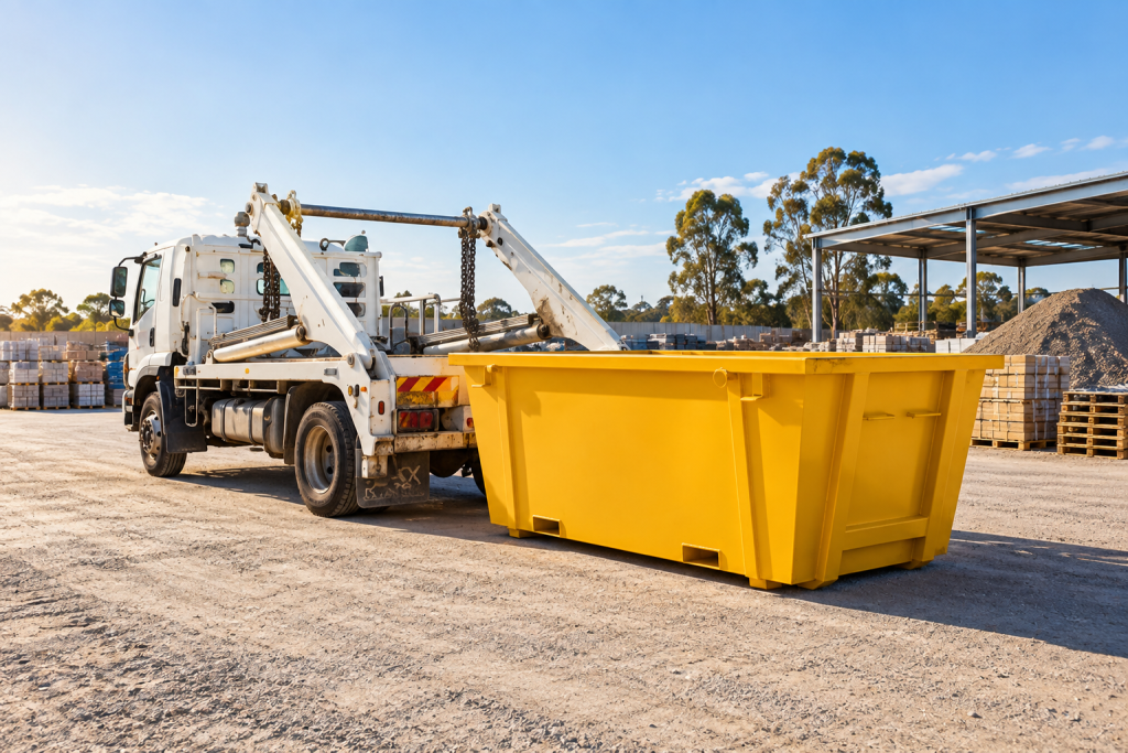 Yellow skip bin and skip loader truck at a construction site
